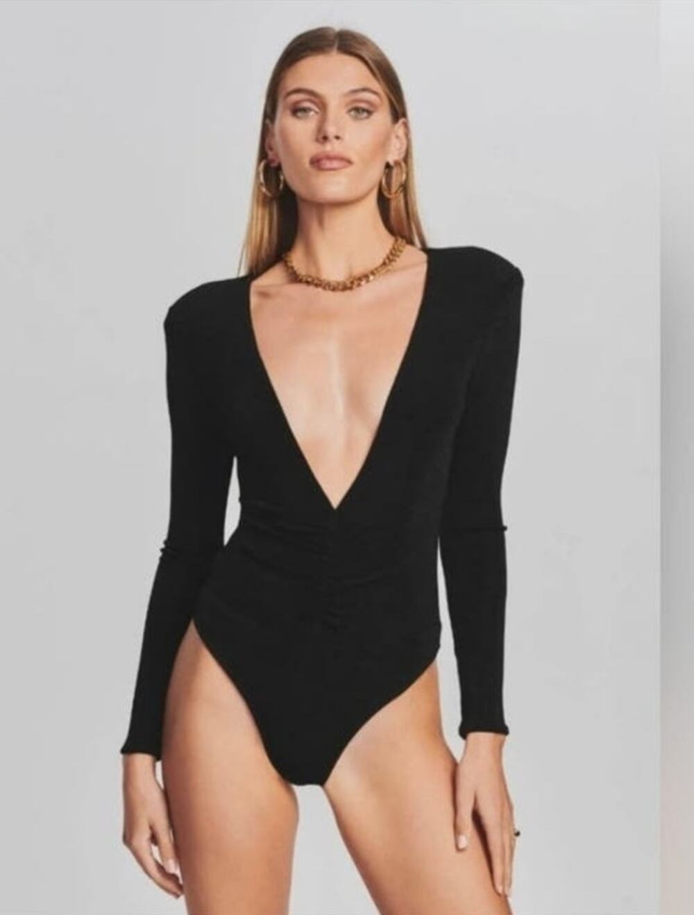 Retrofete Zelia Bodysuit Black Deep V Long Sleeve Thong Size Large NWT